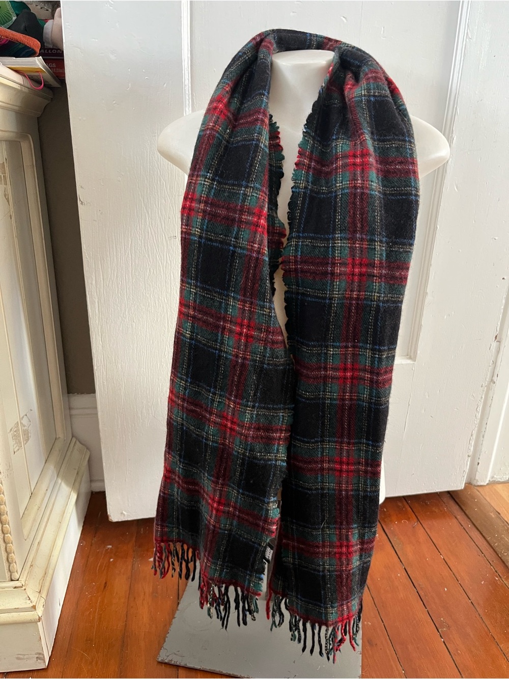 J.Crew Made in Italy Wool Plaid Fringe Oversized Scarf Red Black Green